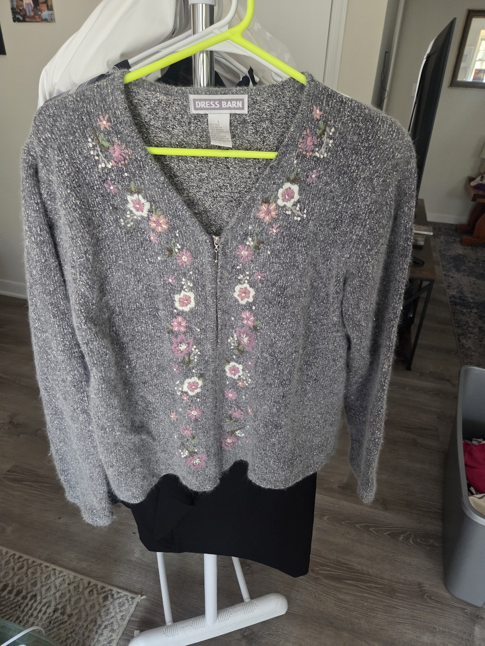 Dress Barn Gray Cardigan with Pink and White Floral Embroidery